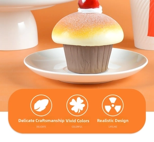 Detailed view of a realistic PU cupcake model with a red cherry on top in a white plate