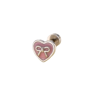 Pink heart enamel stud earring with silver bow accent and surgical steel screw back