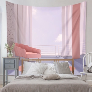 Detail view of Bohemian wall tapestry featuring a dreamy pink shell sofa and sunset sky scene