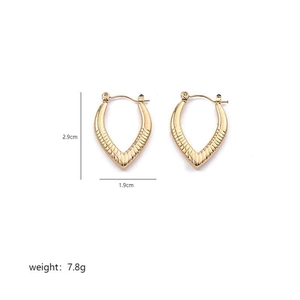 Detail view of gold V-shaped stainless steel earrings with dimensions 2.9cm by 1.9cm