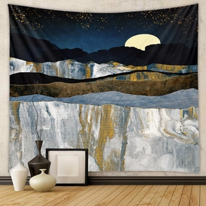 Detail view of abstract mountain tapestry with golden moon and starry sky over dark blue hills