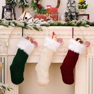 Knitted Christmas Stockings With Faux Fur Cuff Cable Knit Hanging Holiday Decor For Candy Gift Bag
