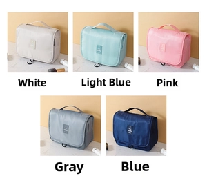 Detail showing various colors of the travel toiletry bag with hanging hook and handle