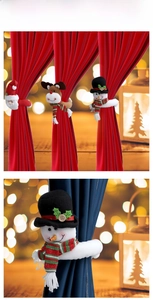 Detail of plush Snowman curtain buckle with knitted scarf for Christmas home decor