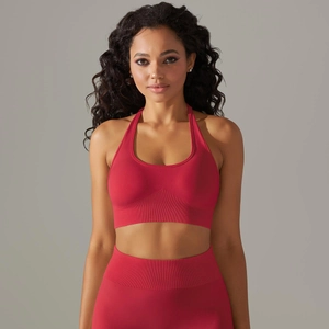 Close-up of seamless dark red halter neck sports bra with ribbed texture and mesh details