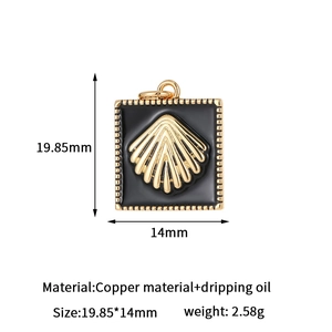 Detailed size chart for golden square shell pendant showing 19.85x14mm copper dimensions