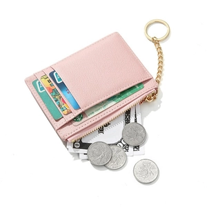 Pink lychee grain PU leather card holder wallet with gold chain and key ring