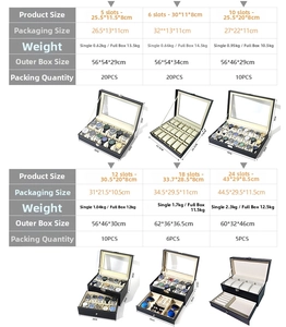 Detailed size and weight chart for leather watch display cases with multiple slot options