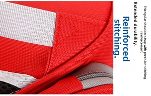 Close-up of reinforced triangular shoulder strap stitching on a red pet carrier bag