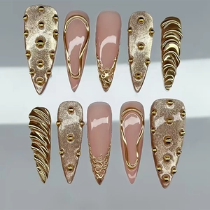 Press On Nails Long Almond Stiletto 3D Molten Gold Cat Eye Effect Sunset Pink Champagne French Ins Style Removable Women