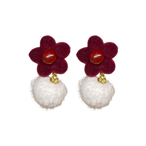 Floral velvet stud earrings with white pompom drops and gold metal link for women