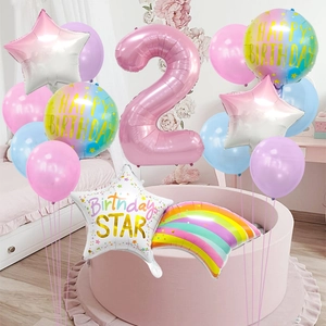 Pastel rainbow balloon set with pink number 2 for 2nd birthday party decoration