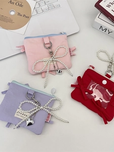 Bow card holder set in pink, purple, and red with pearl charms and display window