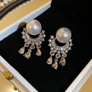 French style pearl and diamond earrings with silver needle and tassel drop in jewelry box
