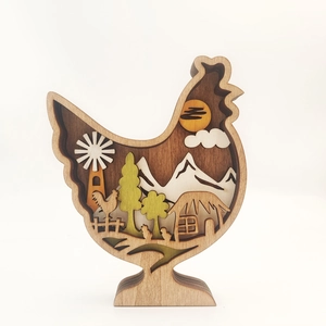 Detailed view of multilayer hollow wooden rooster ornament with rustic pastoral carving