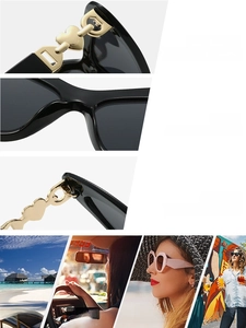 Detail of black bold frame sunglasses with gold heart hinge and versatile usage scenes