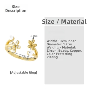 Detailed size specifications for the gold-plated flower ring with zircon and pearl
