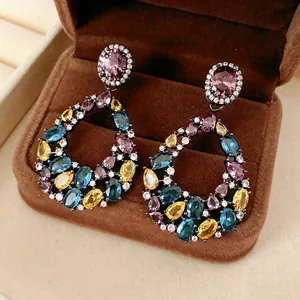 Vintage Luxury Copper Hollow Waterdrop Dangle Earrings With Colorful Zircon And Silver Earring Post For Women