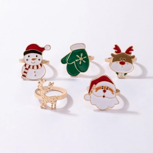 Detailed close-up of 5-piece Christmas ring set featuring Santa and reindeer designs