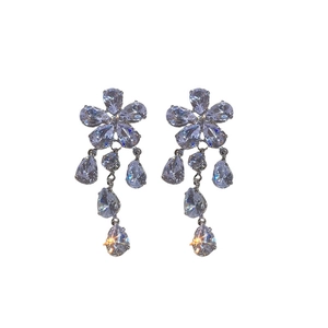 Silver flower and teardrop tassel jewelry set with sparkling cubic zirconia crystals