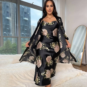 Women's plus size floral satin sleepwear set featuring cami dress and long robe in black