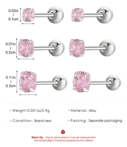 Detailed size chart for pink rhinestone screw back stud earrings in three diameters