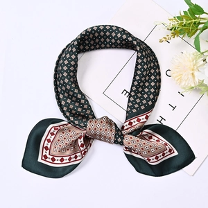 70cm geometric pattern square silk scarf in dark green, beige and red on white background