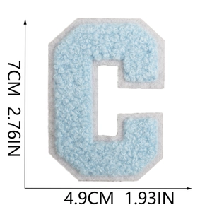 Detailed size view of light blue chenille letter C patch with 7cm height dimensions