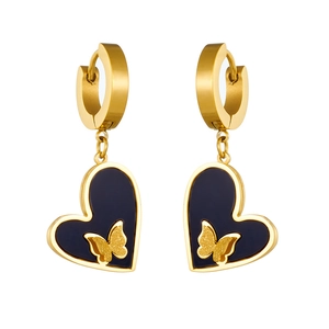 Gold butterfly heart charm hoop earrings with black enamel background on white surface