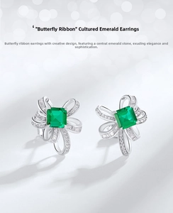 Detailed view of ribbon bow earrings with emerald cut lab-grown green gemstones