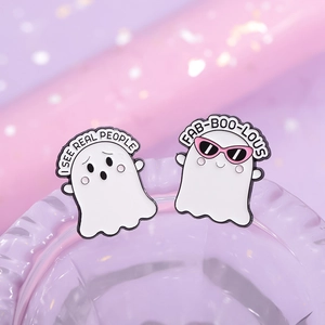 Two creative white ghost enamel pins with funny slogans for Halloween costume accessories