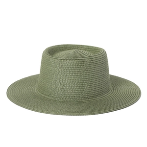 Close-up of olive green boater hat with detailed spiral weave texture and flat top design