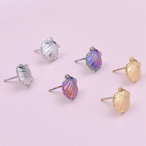 Detailed view of 304 stainless steel shell stud earrings in silver, gold, and rainbow finish