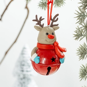 Nordic Christmas reindeer bell hanging ornament with red scarf on pine branch