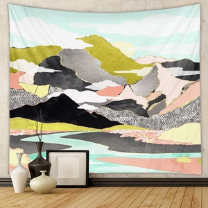 Detail of modern abstract mountain tapestry showing clear prints and fine fabric texture