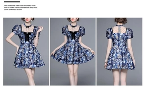 Detailed views of floral blue mini dress with lace collar and black bow decoration