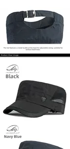 Detalle de gorra militar de secado rápido con paneles de malla y cierre de hebilla metálica