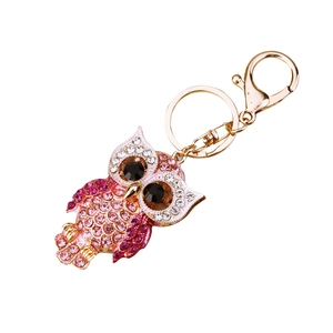 Sparkling pink and white rhinestone owl keychain with gold metal ring and lobster clasp