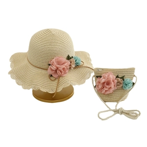 Girls straw sun hat and matching flower bag set with elegant scalloped edges for summer
