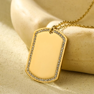 Gold stainless steel rectangular pendant necklace with sparkling crystal borders
