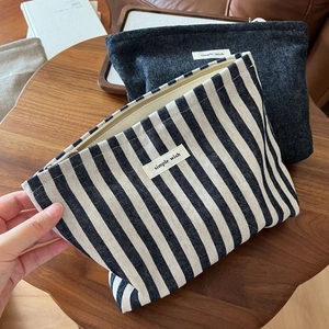 Detail of denim cosmetic bags showing textured fabric and metallic zipper closure