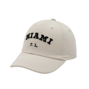 Beige baseball cap with Miami embroidery featuring a curved brim and cotton fabric