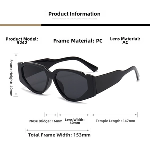 Detailed size chart for oversized cat eye sunglasses showing dimensions and PC frame material