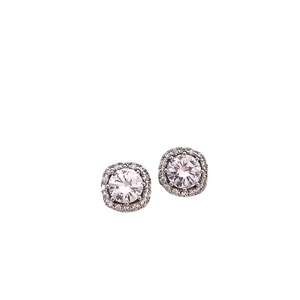 Sparkling sterling silver square halo stud earrings with round cubic zirconia center