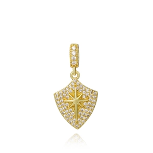 Golden shield pendant with sparkling star pattern and crystal micro-pave stones