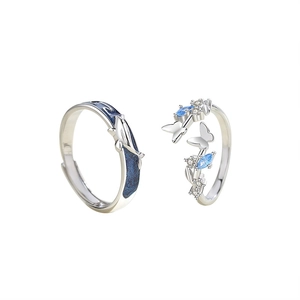Adjustable silver whale and butterfly couple rings with blue enamel finish for lovers