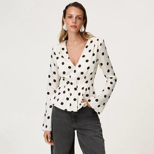 Women Polka Dot Polyester Blouse Long Sleeve V Neck Peplum Top Button Front Pleated Ruffled Fashion Streetwear Shirt