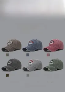 Six colors of vintage washed cotton baseball caps with embroidered military badges