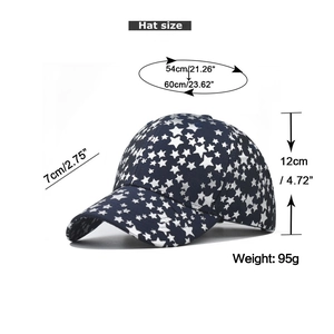 Detailed dimensions of navy cotton baseball cap with silver five-point star patterns