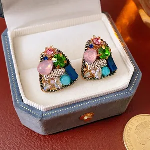 Vintage geometric earrings with colorful inlaid gems and gold-plated vintage luxury design